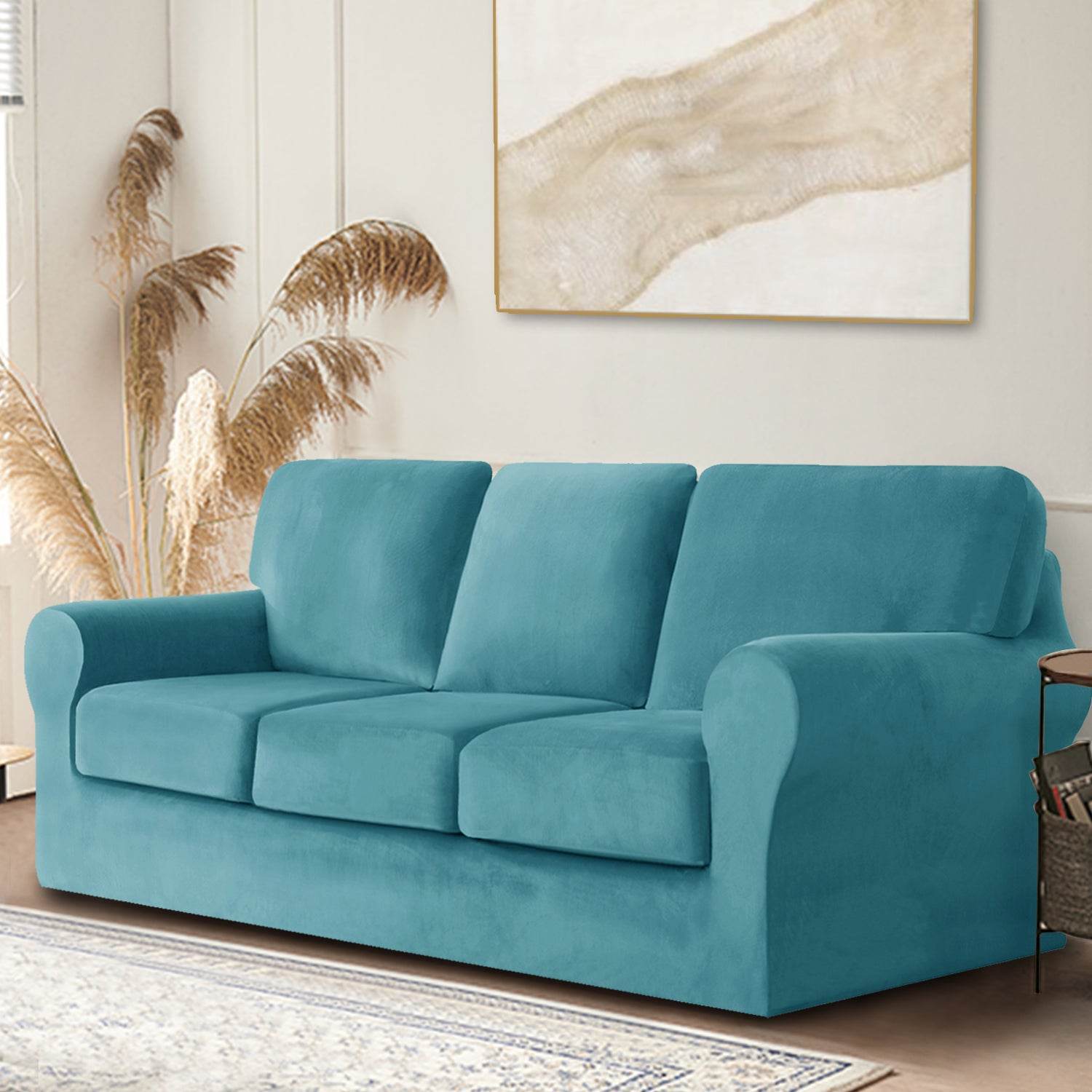 Full view of 3-seater sofa covered in Cozee Velvet Stretch Slipcover Set with separate seat, back, and frame covers, showcasing a smooth, snug fit in soft velvet fabric