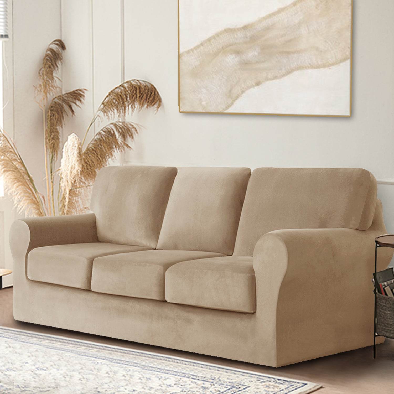 Full view of 3-seater sofa covered in Cozee Velvet Stretch Slipcover Set with separate seat, back, and frame covers, showcasing a smooth, snug fit in soft velvet fabric