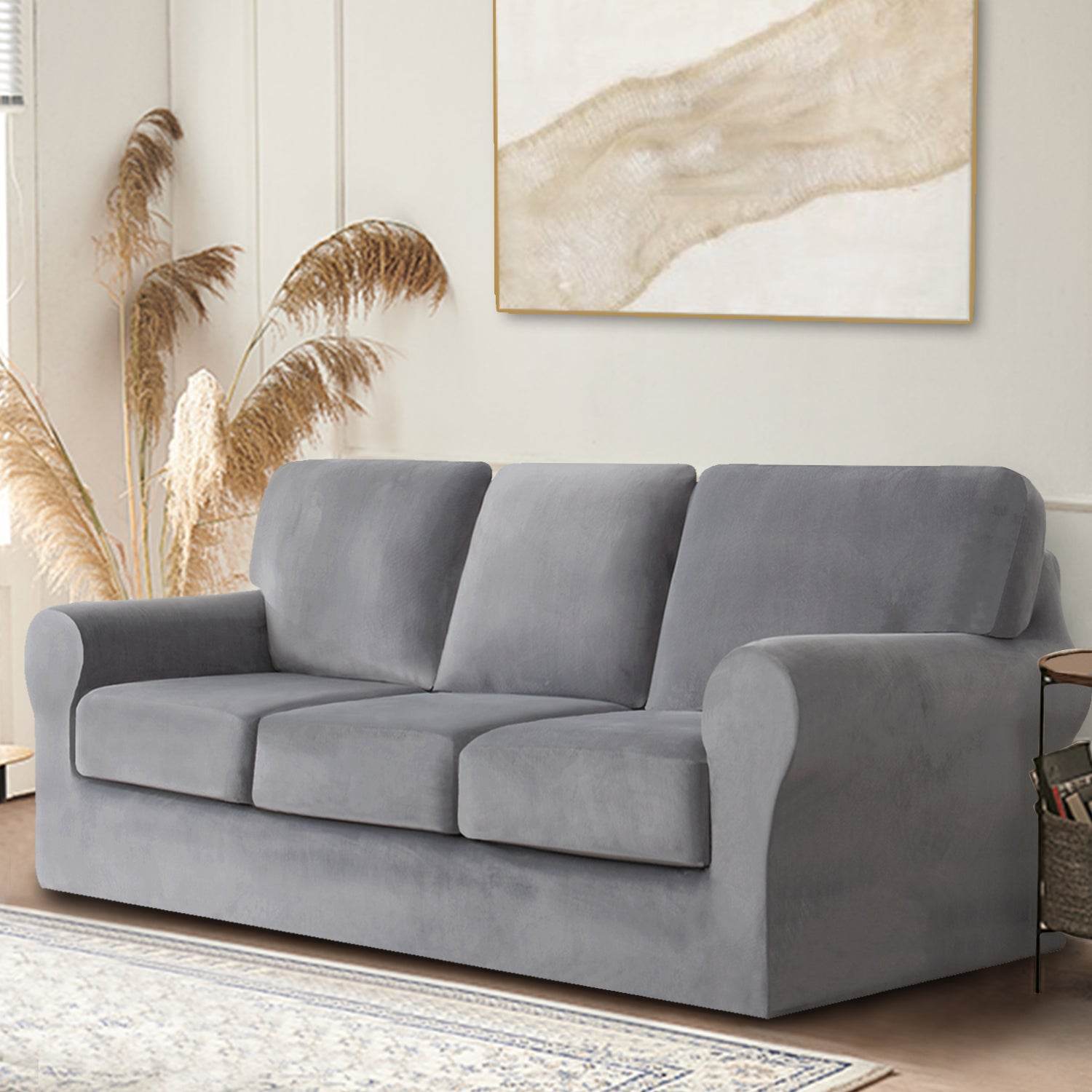 Full view of 3-seater sofa covered in Cozee Velvet Stretch Slipcover Set with separate seat, back, and frame covers, showcasing a smooth, snug fit in soft velvet fabric