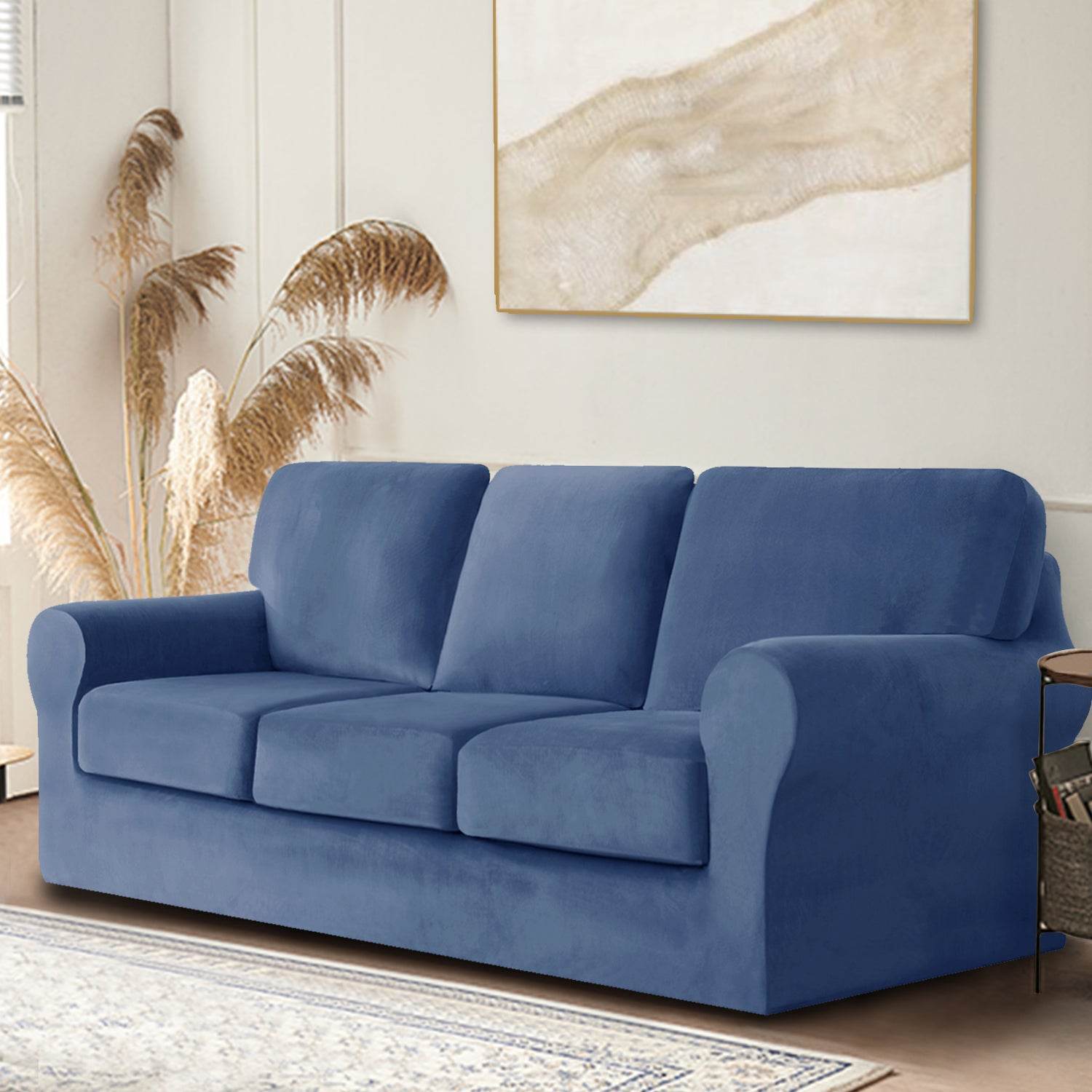 Full view of 3-seater sofa covered in Cozee Velvet Stretch Slipcover Set with separate seat, back, and frame covers, showcasing a smooth, snug fit in soft velvet fabric