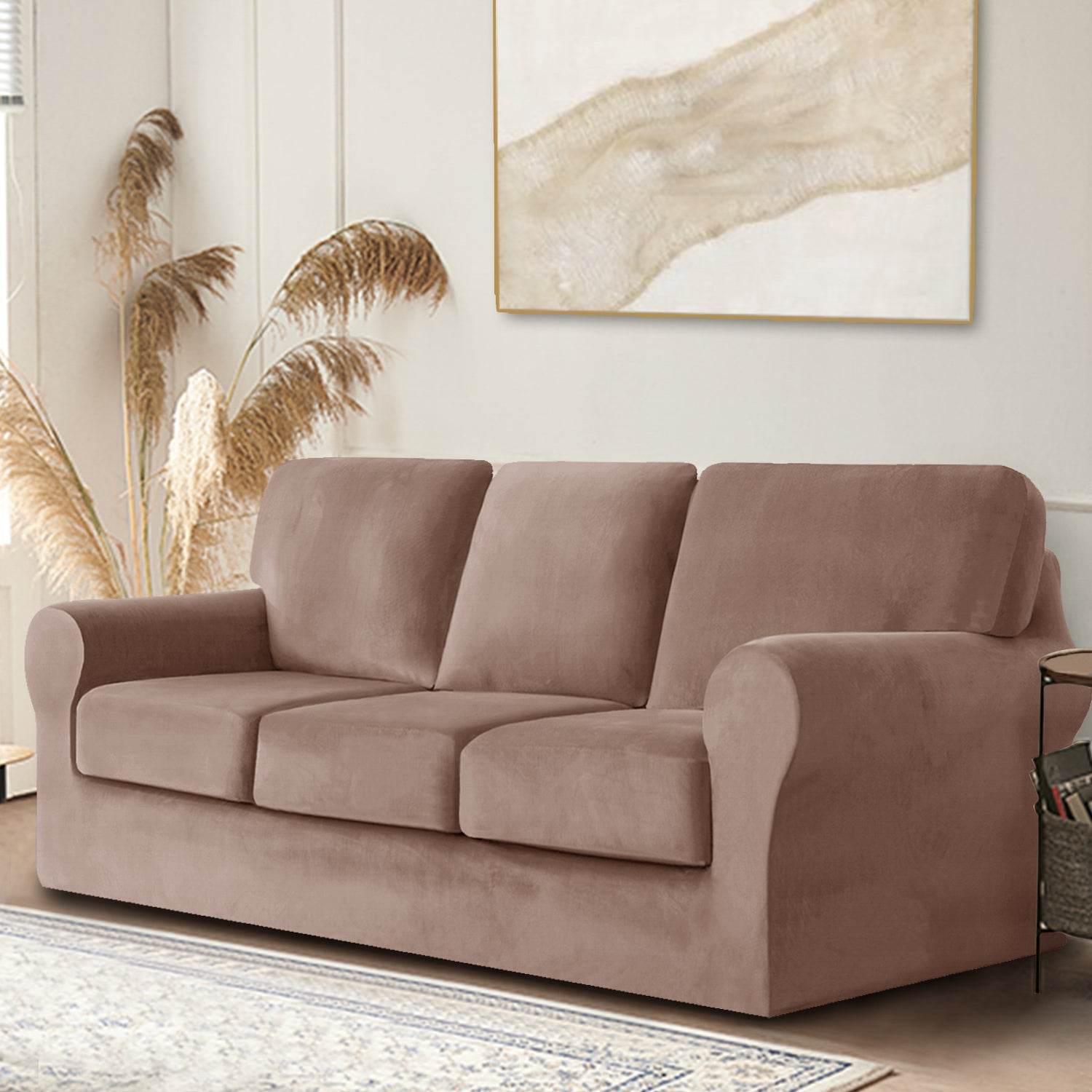 Full view of 3-seater sofa covered in Cozee Velvet Stretch Slipcover Set with separate seat, back, and frame covers, showcasing a smooth, snug fit in soft velvet fabric