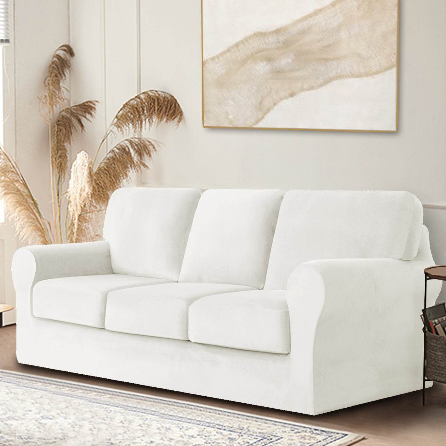 Full view of 3-seater sofa covered in Cozee Velvet Stretch Slipcover Set with separate seat, back, and frame covers, showcasing a smooth, snug fit in soft velvet fabric