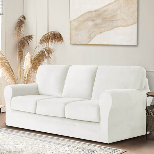 Full view of 3-seater sofa covered in Cozee Velvet Stretch Slipcover Set with separate seat, back, and frame covers, showcasing a smooth, snug fit in soft velvet fabric