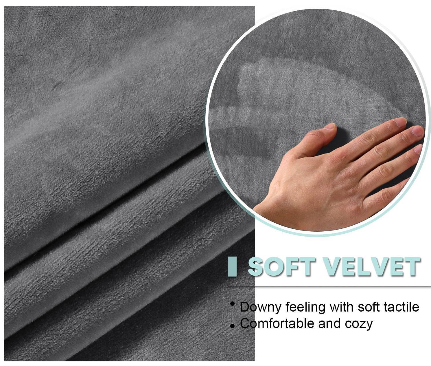 Close-up of soft velvet fabric in a rich texture, with a hand gently touching the surface to show plushness and softness.
